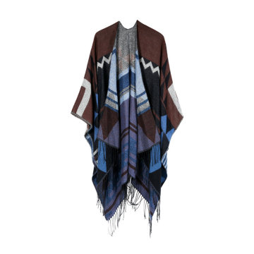 Beautiful Women's Vintage Pattern Winter Open Front Poncho Cape Shawl with Tassel